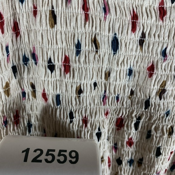 THML Womens Dress S Midi Smocked Geometric Print Ruffle Cap Sleeve Ivory Pockets - Picture 13 of 13